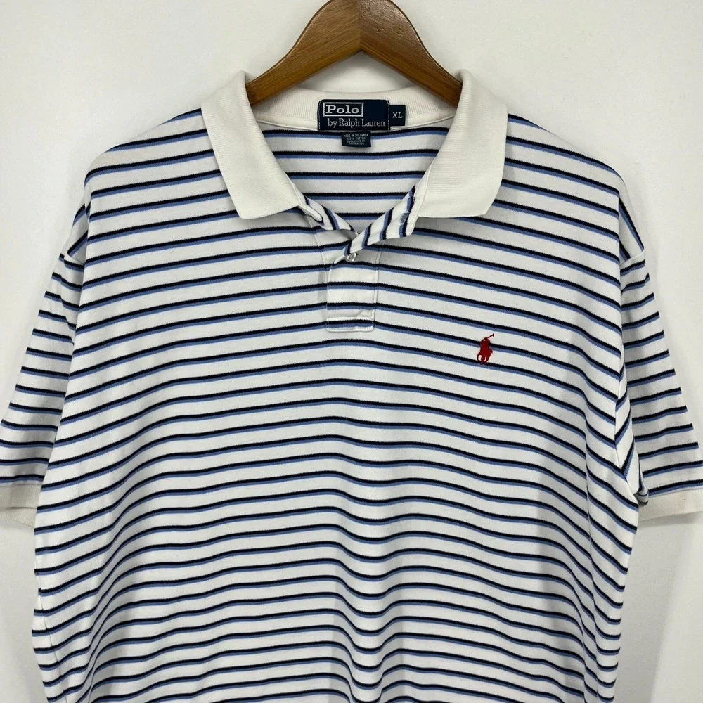 Polo‎ Ralph Lauren Polo Shirt Men's XL White Blue Striped Short Sleeve Pony Logo